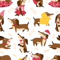 Dachshund seamless pattern with collars and medallions in various poses and bones in the background