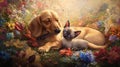 Dachshund, Siamese kitten, flower field, friendship, spring Royalty Free Stock Photo