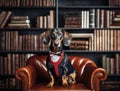 a dachshund sitting on a brown leather chair in front of a bookshelf with a bookcase in the back gro