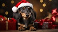 Dachshund small dog in Santa Claus hat. Dachshund. Christmas holidays with dogs banner poster. AI generated Royalty Free Stock Photo