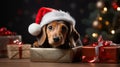 Dachshund small dog wearing Santa Claus hat with Christmas gifts. Dachshund. Horizontal Christmas banner poster. AI generated Royalty Free Stock Photo