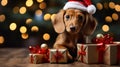 Dachshund small dog wearing Santa Claus hat. Dachshund. Horizontal Christmas holidays banner poster. AI generated Royalty Free Stock Photo