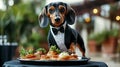 A dachshund in a tiny tuxedo standing on a table with a tray of hors doeuvres. . Royalty Free Stock Photo