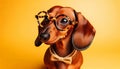 Dachshund wearing sunglasses and a bow tie against a yellow background. The human-like fashion accessories on the dog add a