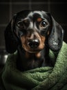 Dachshund wrapped in a green towel