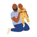 Dad African American holds his little son in his arms. The father plays with the child