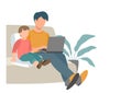 Dad and baby are sitting on the couch and looking at the laptop screen Royalty Free Stock Photo