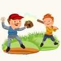 Dad in baseballcap with ball and glove hand playing with son baseball, boy player holding bat that would fight off blow Royalty Free Stock Photo