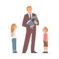 Dad Businessman Wearing Suit and Tie Holding Newborn Baby with His Arm and Standing with His Son and Daughter Vector Royalty Free Stock Photo