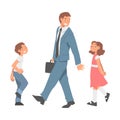 Dad Businessman Wearing Suit and Tie Walking with His Son and Daughter Vector Illustration Royalty Free Stock Photo