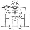 Dad Character Who is a Pilot Holds a Toy Plane While Sitting on the Sofa. Black and White Color. Coloring Book Illustration