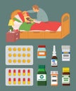 Parent Staying by Sick Child Laying in Bed Vector