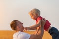 Dad and child boy playing outdoors. Father and son having fun Royalty Free Stock Photo