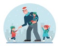 Dad with children at the rink. Father, daughters and son are skating. Royalty Free Stock Photo