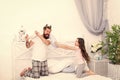 dad and daughter child playing and fighting with pillows having fun together, happy family day Royalty Free Stock Photo