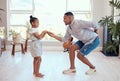 Dad, daughter and dance in home together on floor with love, bonding and care with smile in happy family. Black family Royalty Free Stock Photo