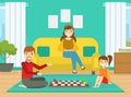 Dad and Daughter Playing Chess, Mother, Father, Daughter and Son Spending Time Together at Home Cartoon Vector Royalty Free Stock Photo