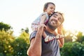 Dad, daughter and smile on shoulders in park with trust, happiness or love in summer sunshine. Young family, baby girl Royalty Free Stock Photo