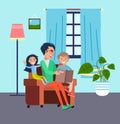Dad spends time with his children, reads book, cozy living room interior. Stay home. Flat image Royalty Free Stock Photo