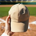 Dad hat Mockup Beige baseball Hat Mockup Dad Hat mockup With Baseball Field Background Mockup