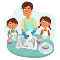 Dad with his children washes dishes