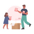 Dad and his Daughter Packing Boxes in Room, Family Relocating to New Apartment Vector Illustration