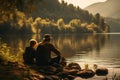 A dad and his small child enjoy fishing moment by the river with beautiful scenery around