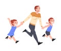 Dad and his Sons Running Holding Hands, Father and his Kid Having Good Time Together Cartoon Style Vector Illustration