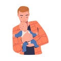 Dad holding his baby with tenderness. Cheerful father hugging newborn baby expressing love and care cartoon vector