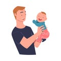 Dad holding his happy baby in hands. Parent hugging newborn baby expressing love and care cartoon vector illustration Royalty Free Stock Photo