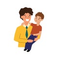 Dad holding his son. Happy family print in cartoon style. Uncle and nephew clipart