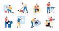 Dad housekeeper. Cartoon father character doing household work - cook, wash dishes, laundry, ironing, sitting with baby