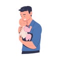 Dad huggung his baby. Cheerful father hugging newborn baby expressing love and care cartoon vector illustration Royalty Free Stock Photo