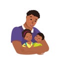 Dad hugs his son and daughter. Happy family. The man spends time with the children. International father day, men day Royalty Free Stock Photo