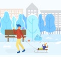Dad and Kid on Sleds in Park, Winter Cityscape Royalty Free Stock Photo