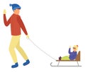 Dad and Kid on Sleds, Winter Character Isolated