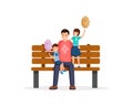 Dad and kids in park flat vector illustration. Young man and little children sitting on bench cartoon characters Royalty Free Stock Photo