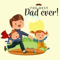 Dad with kids walking park, happy fathers day concept background, super boy and girl family walk, daddy of little hero Royalty Free Stock Photo