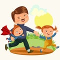 Dad with kids walking park, happy fathers day concept background, super boy and girl family walk, daddy of little hero Royalty Free Stock Photo