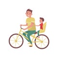 Dad with little boy riding on bicycle. Happy family. Father spending time with his son. Outdoor activity. Flat vector Royalty Free Stock Photo