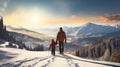 Dad with little daughter looks at snow-capped mountains at a ski resort, during vacation and winter holidays.