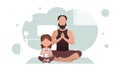 Dad and little daughter are sitting meditating. Meditation. Cartoon style.