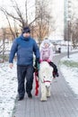 Dad and little girl ride a pony in a city park on a sunny winter day Royalty Free Stock Photo