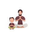 Dad with a little son are sitting doing yoga in the lotus position. Isolated. Cartoon style. Royalty Free Stock Photo