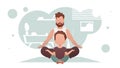 Dad with little son are sitting and doing yoga in the room. Meditation. Cartoon style. Royalty Free Stock Photo