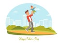 Dad playing with son flat characters. Fathers Day congratulation vector template Royalty Free Stock Photo