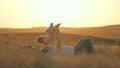 Dad plays with his little daughter in park on blanket. daddy holds baby in his hands, baby flies like a plane, rejoices Royalty Free Stock Photo