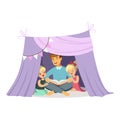 Dad reading a book to her children while sitting in a tepee tent, kids having fun in a hut vector Illustration