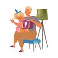 Dad reading book to his little daughter. Househusband doing daily routine cartoon vector illustration