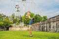 Dad and son on background of Fort Cornwallis in Georgetown, Pena Royalty Free Stock Photo